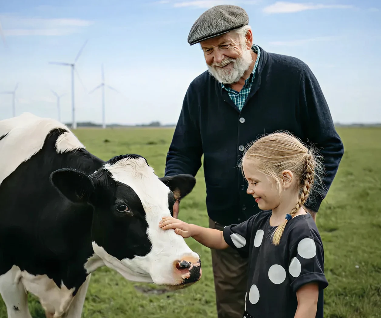 Älterer Mann und junges Mädchen streicheln gemeinsam eine Kuh auf einer grünen Wiese; im Hintergrund stehen mehrere Windräder unter blauem Himmel.